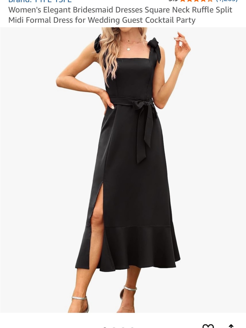 Amazon Black Square-Neck Midi Dress with Tie Waist and Side Slit